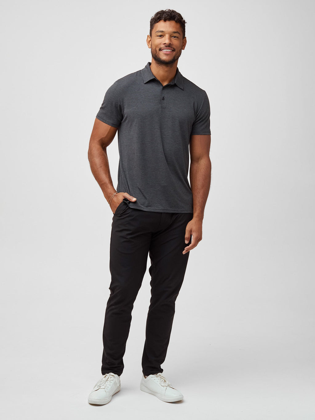 Black + Charcoal Striped Performance Polo