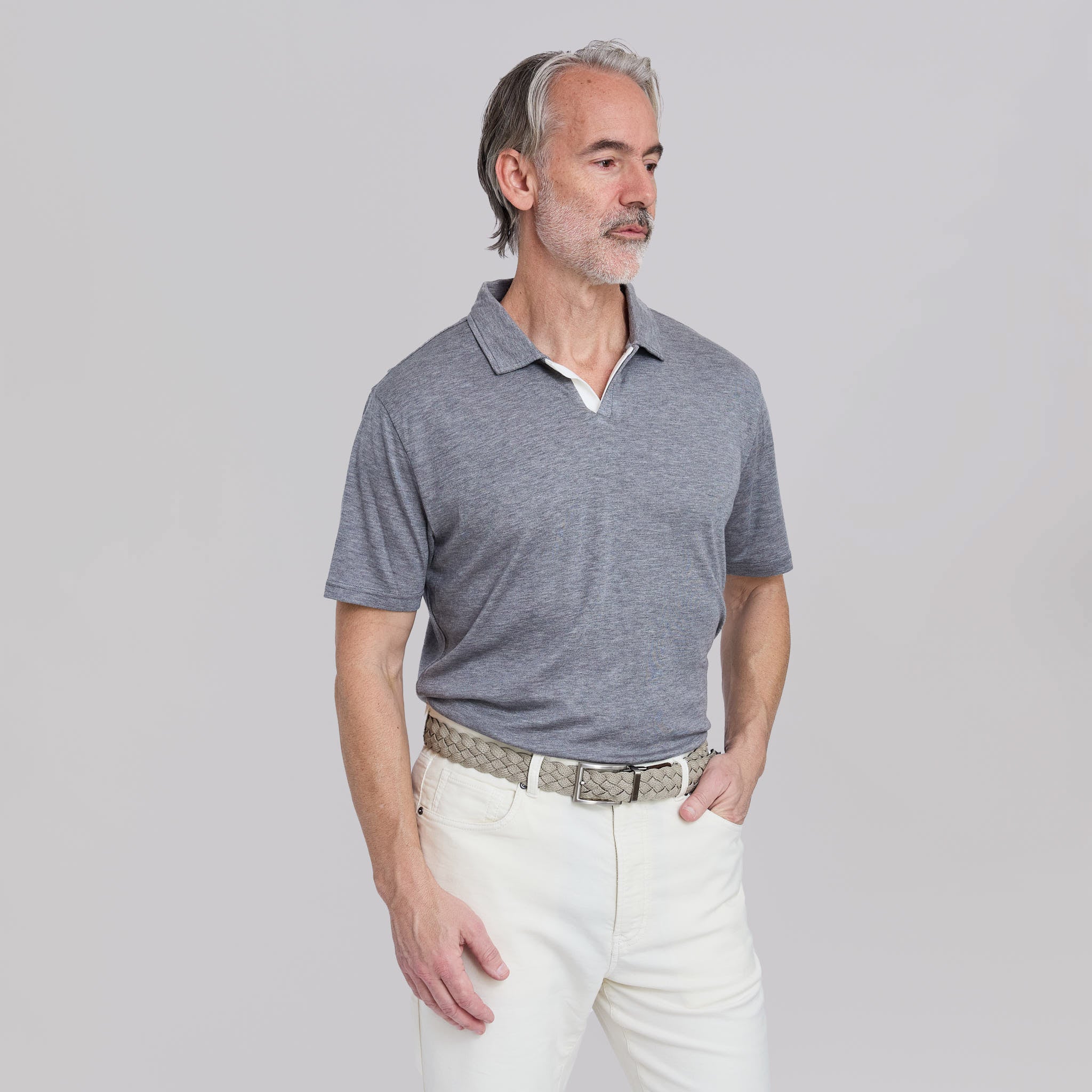 The Everett - Double Placket Johnny Collar Polo - Grey/White