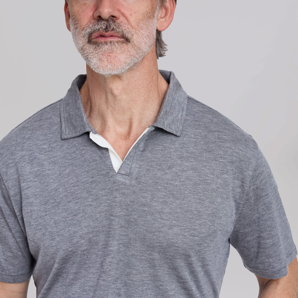 The Everett - Double Placket Johnny Collar Polo - Grey/White