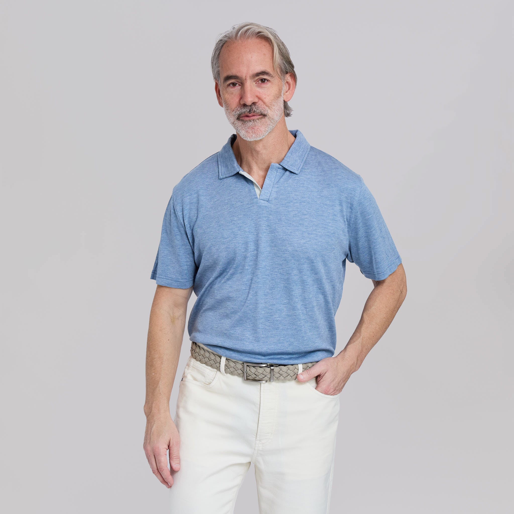 The Everett - Double Placket Johnny Collar Polo - Sky Blue/Grey