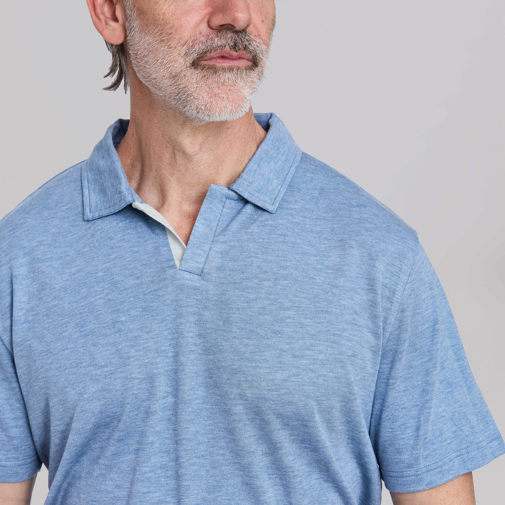 The Everett - Double Placket Johnny Collar Polo - Sky Blue/Grey