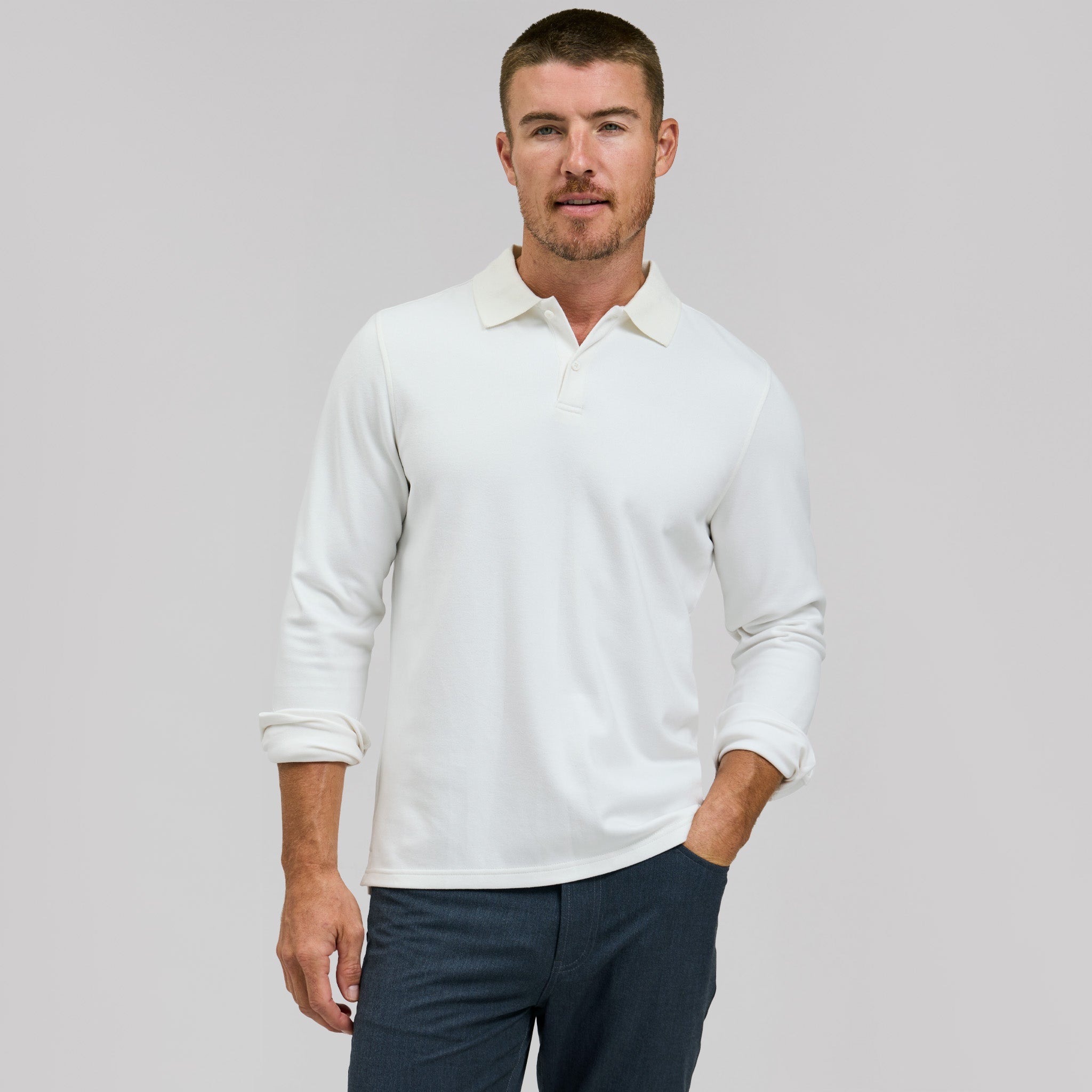 The Braden - Tech Wool Long Sleeve Polo - White