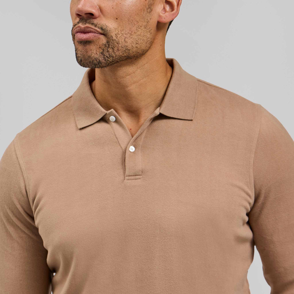 The Braden - Tech Wool Long Sleeve Polo - Bisque
