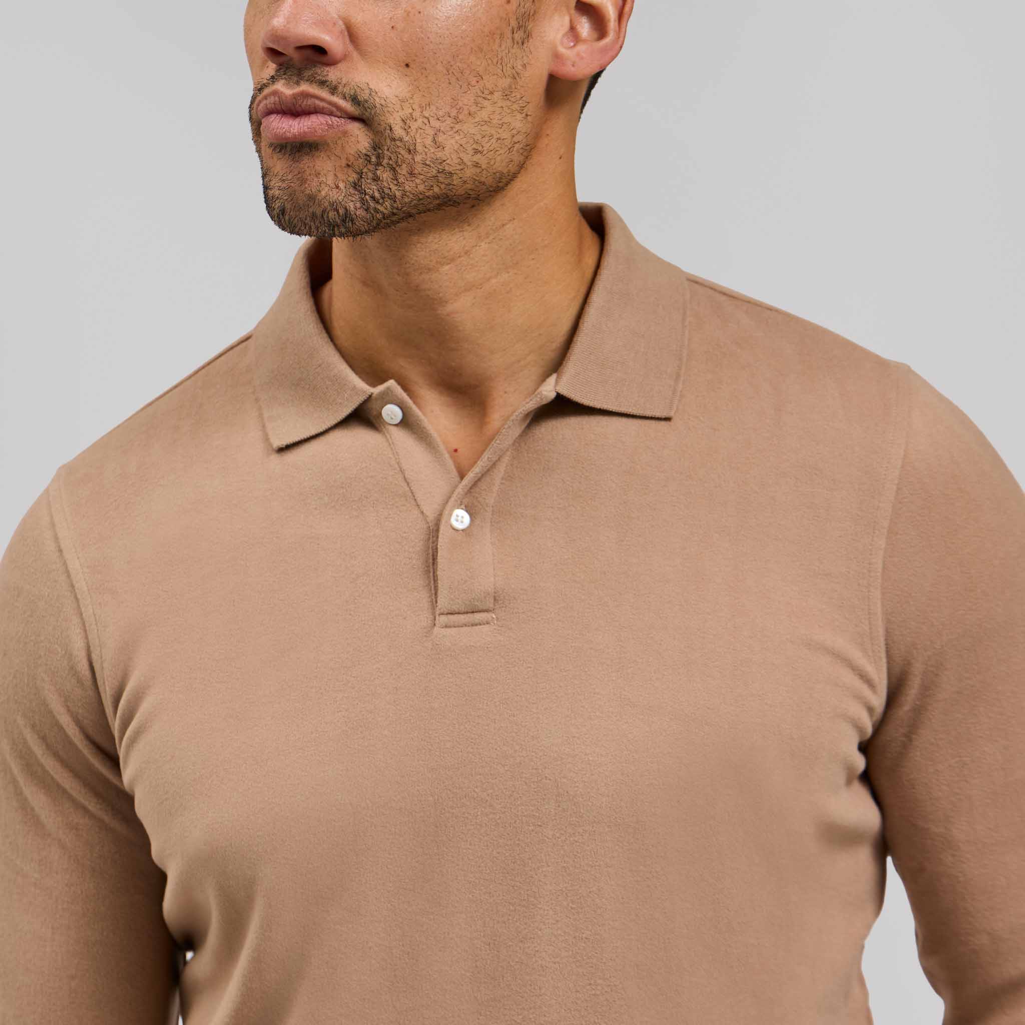 The Braden - Tech Wool Long Sleeve Polo - Bisque