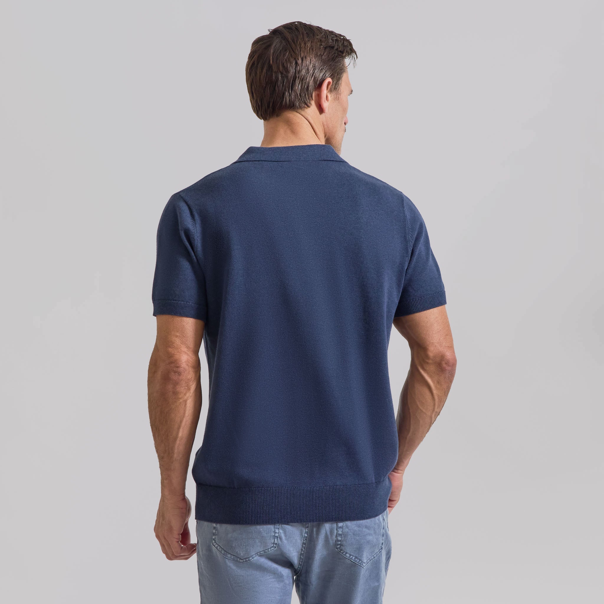 The William - Cotton/Cashmere Johnny Collar Polo - Navy/Baby Blue