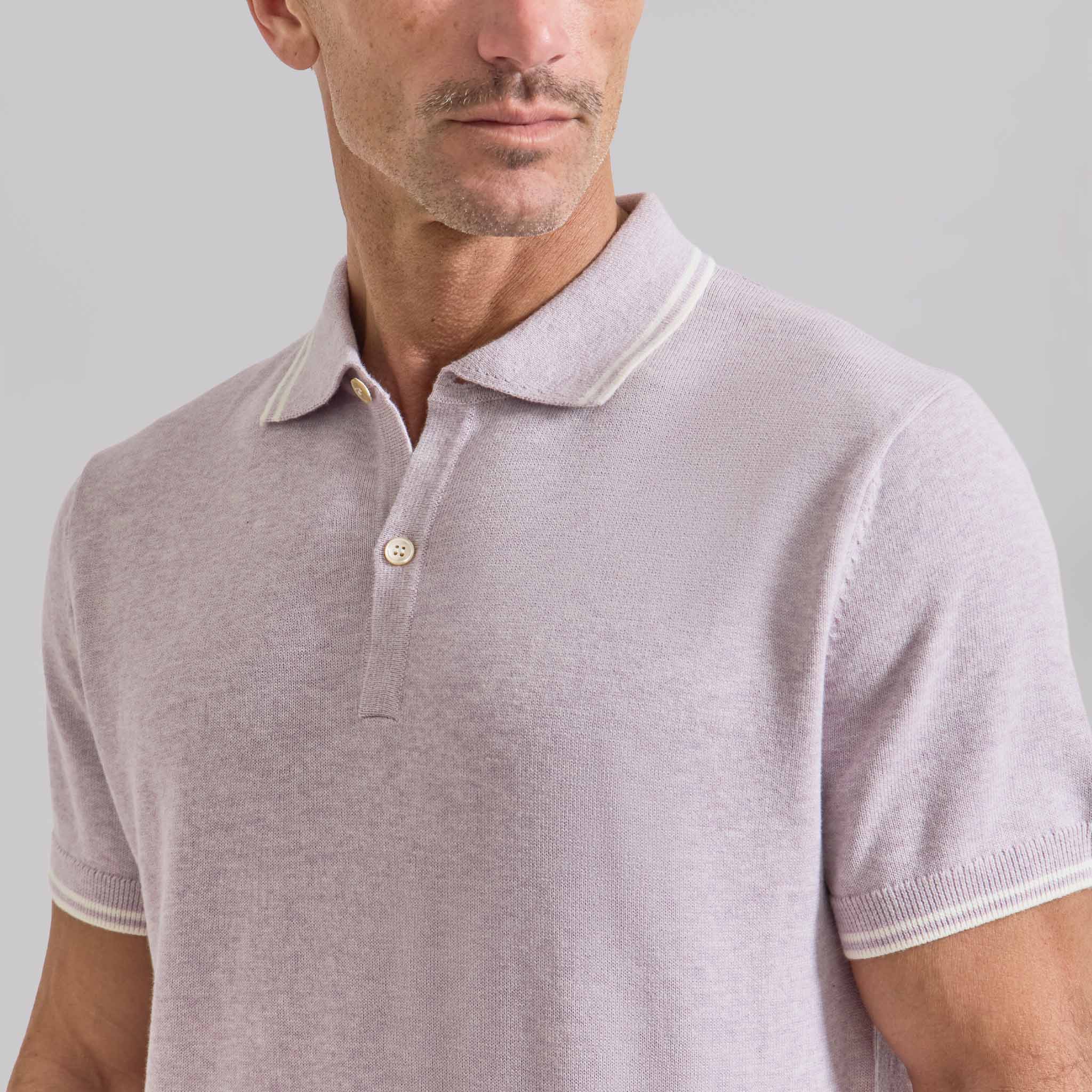 The Thomas - Cotton/Cashmere Polo w/ Collar Tipping - Lavender/Off White