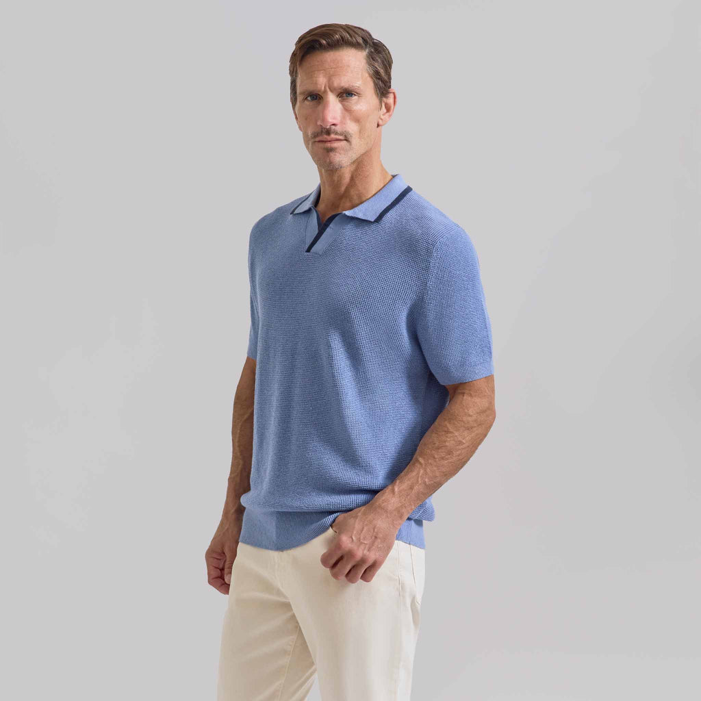 The Adair - Cotton Cashmere SS Polo w/Tipping - Sky Blue / Navy