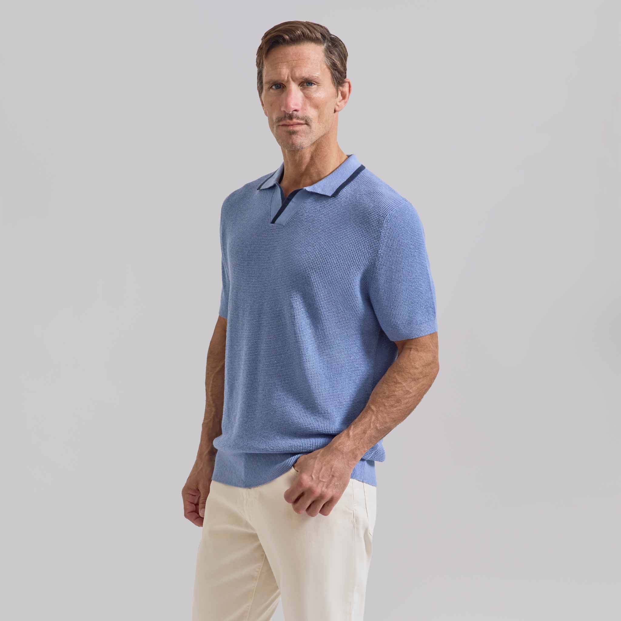 The Adair - Cotton Cashmere SS Polo w/Tipping - Sky Blue / Navy