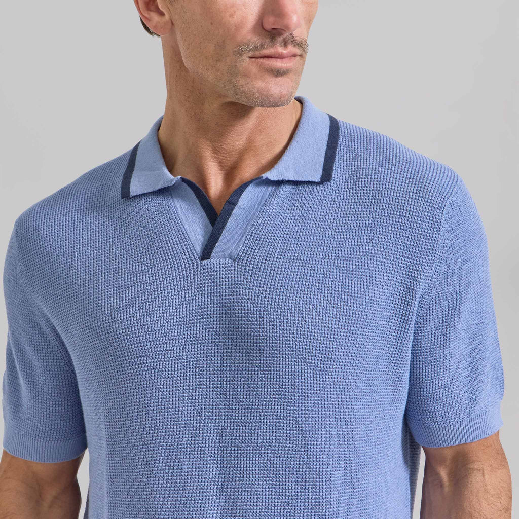 The Adair - Cotton Cashmere SS Polo w/Tipping - Sky Blue / Navy