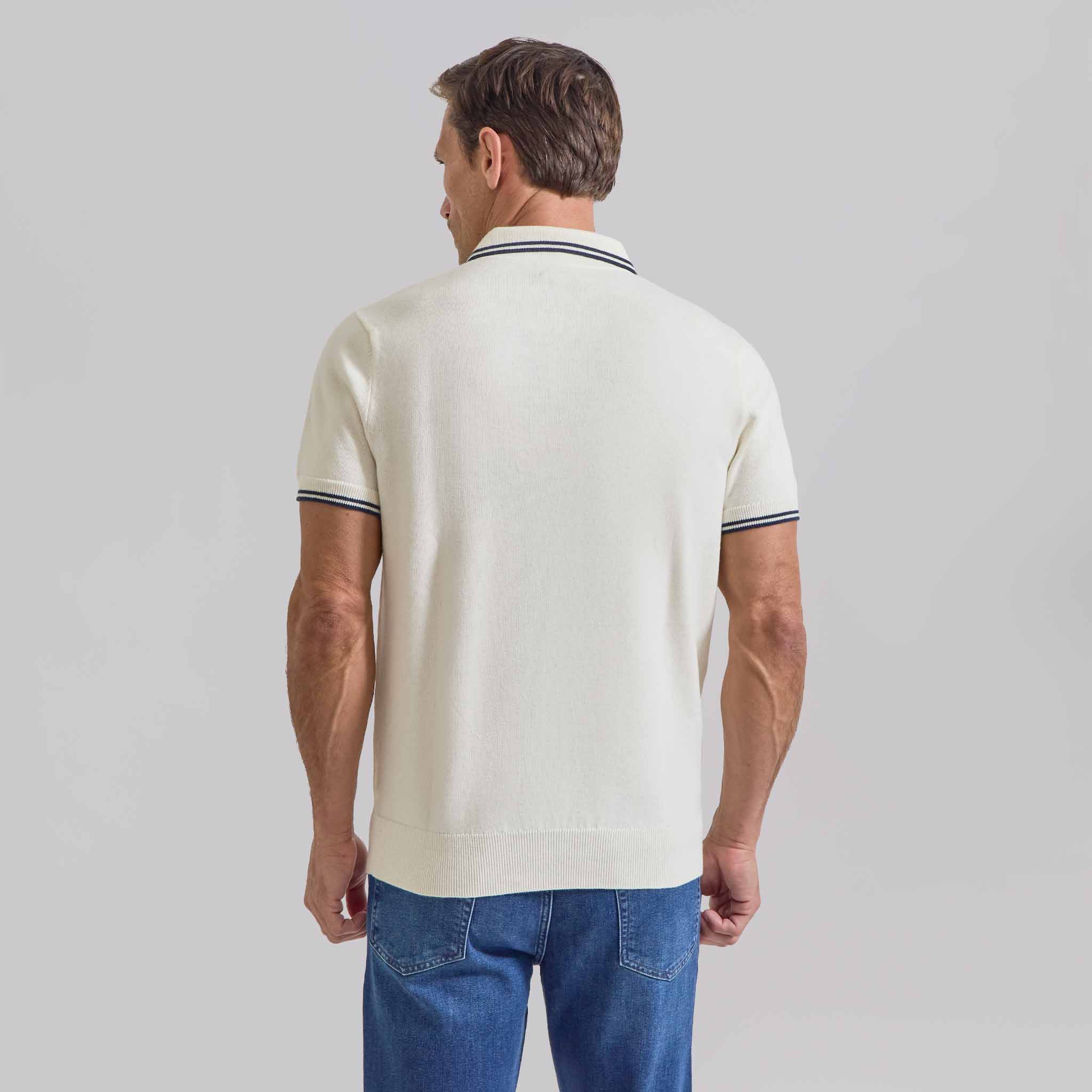 The Thomas - Cotton/Cashmere Polo w/ Collar Tipping - Off White/Navy
