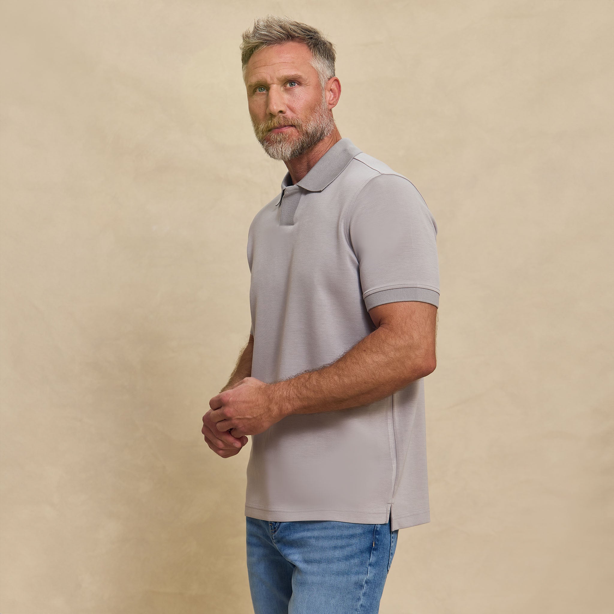 The Yates - Sand Washed Double Knit SS Polo - Grey