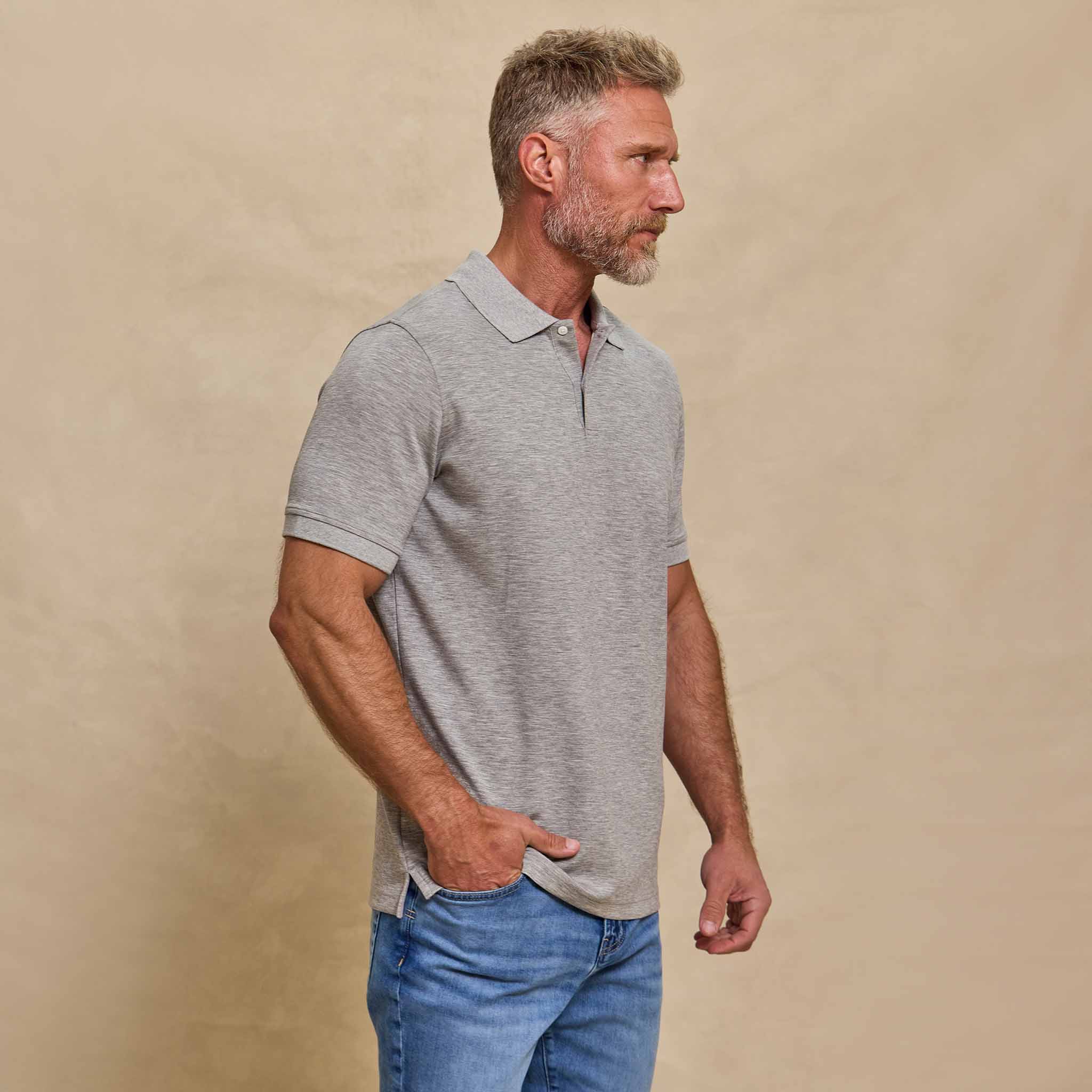 The Holden - Sand Washed Double Knit SS Polo - Heather Grey