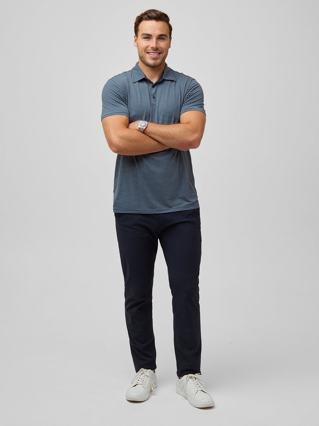 Navy + Wedgewood Striped Performance Polo