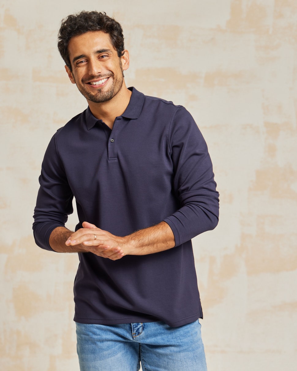 The Holden - Stone Washed Double Knit LS Polo - Navy